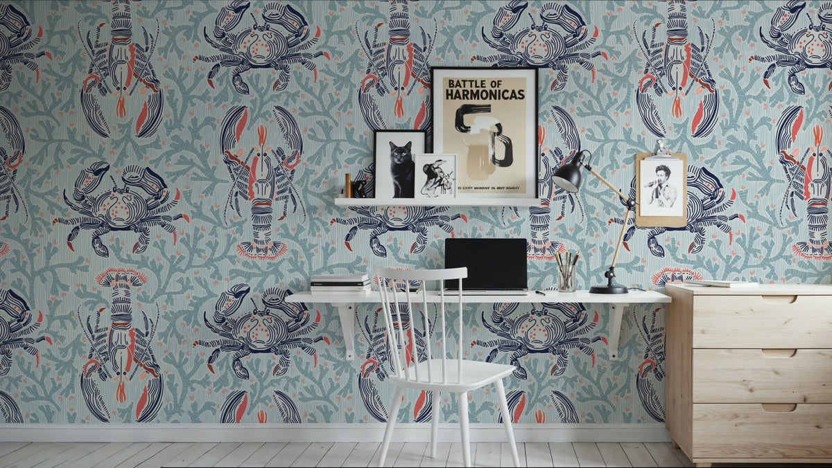 Lobster and Crab Coastal Nostalgia, Mint Mural Wallpaper - room preview 05