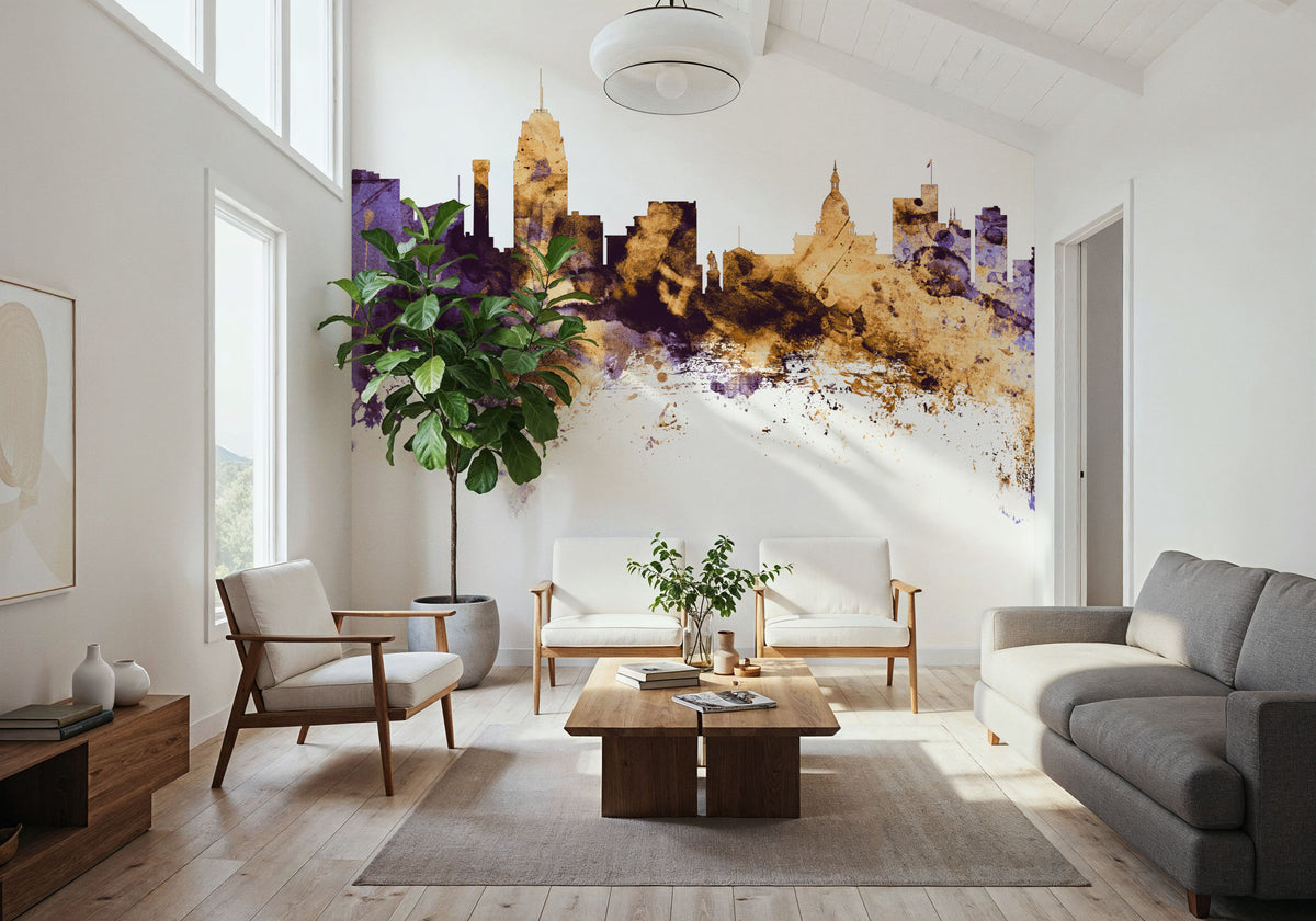 Lansing Michigan Skyline Purple & Gold Mural Wallpaper - room preview 05