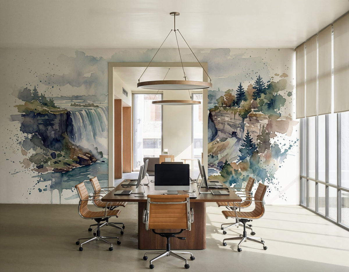 Northern Waterfall - Watercolor Landscapes Series Mural Wallpaper - room preview 05