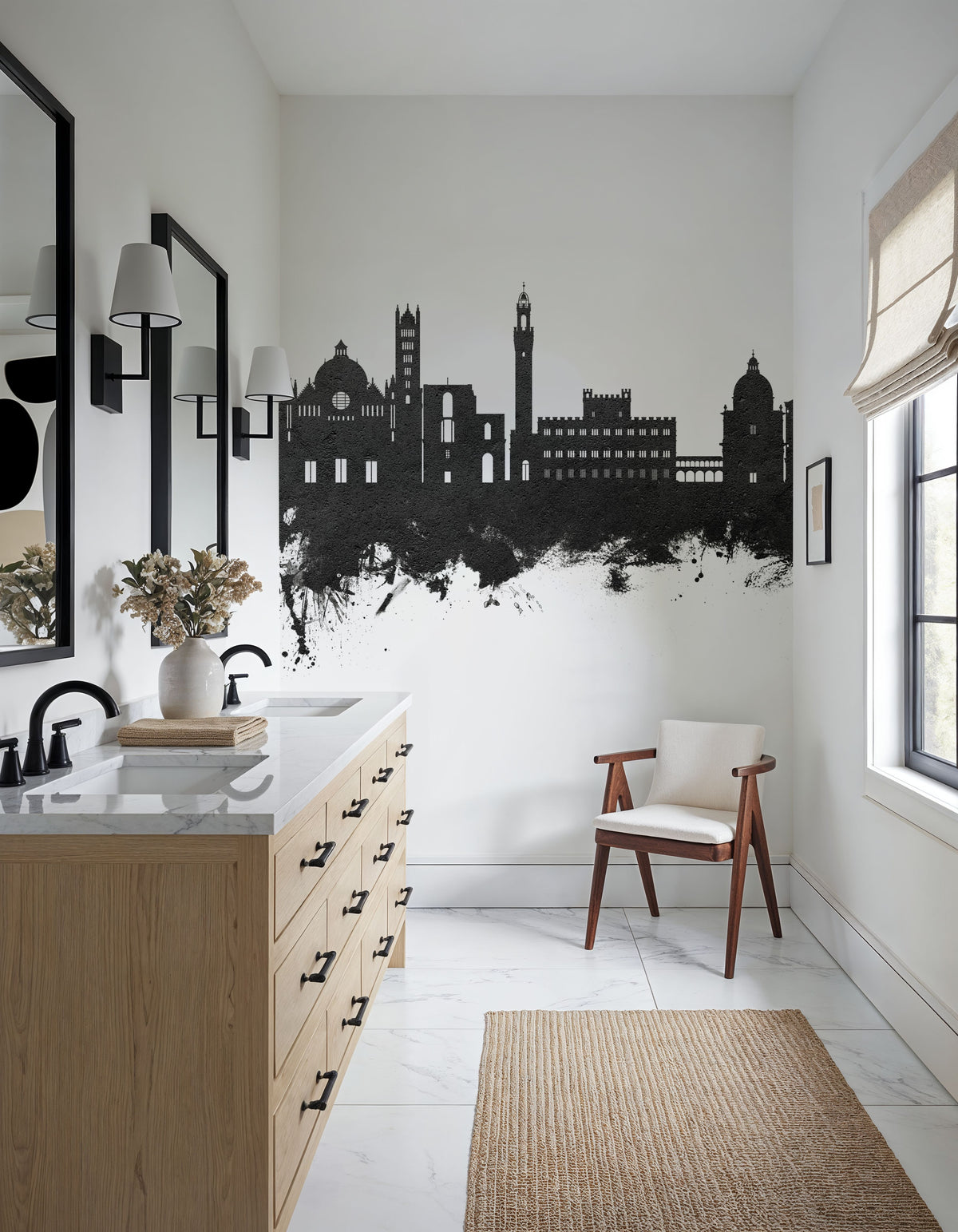 Siena Italy Skyline Black & White Mural Wallpaper - room preview 05