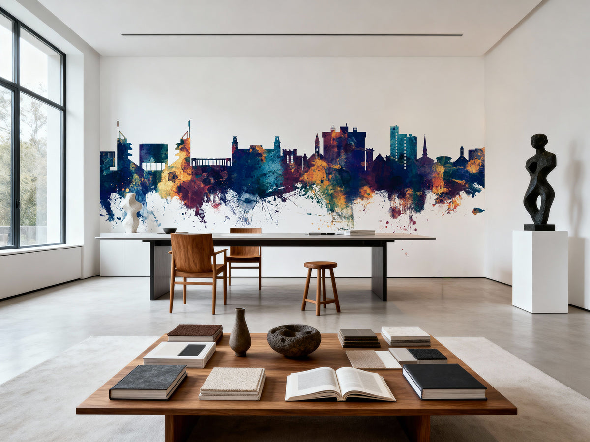 Fayetteville Arkansas Skyline Blue & Bronze Mural Wallpaper - room preview 05