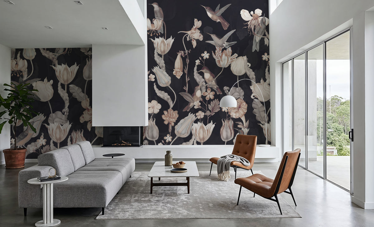 Tulips & Birds, Midnight Mural Wallpaper - room preview 05