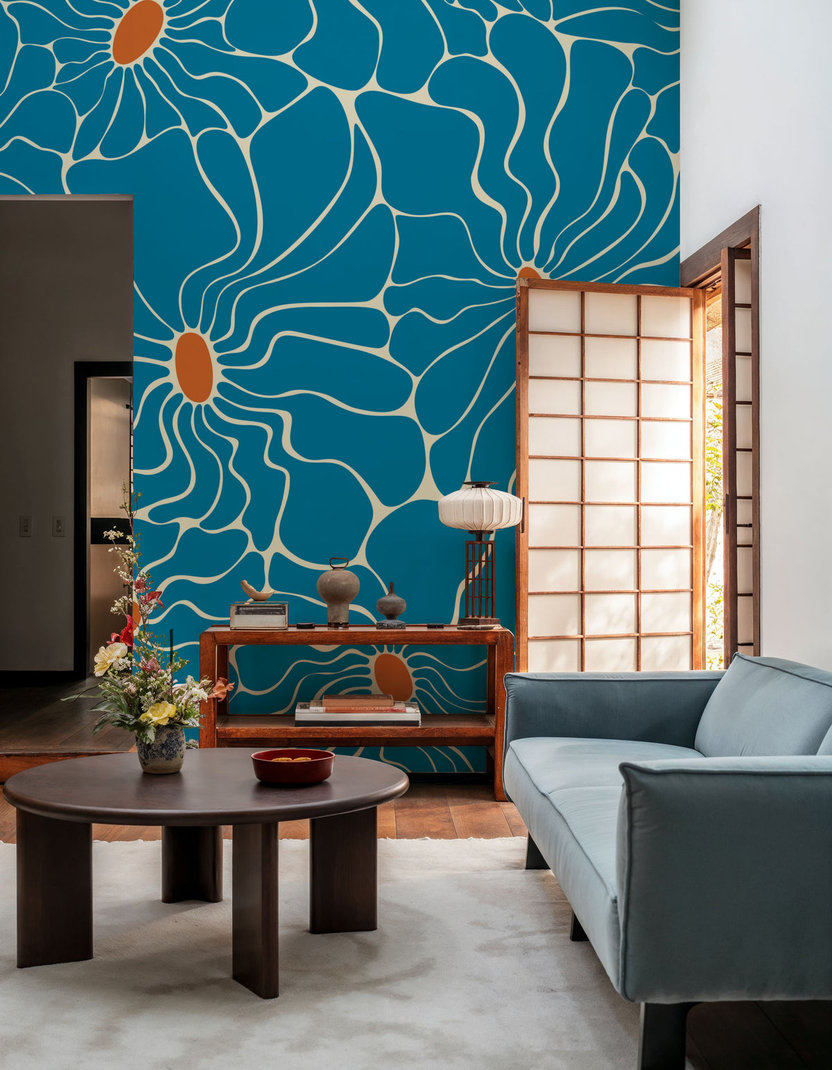 Cool Fluid Flowers Mural, Turqouise Mural Wallpaper - room preview 05