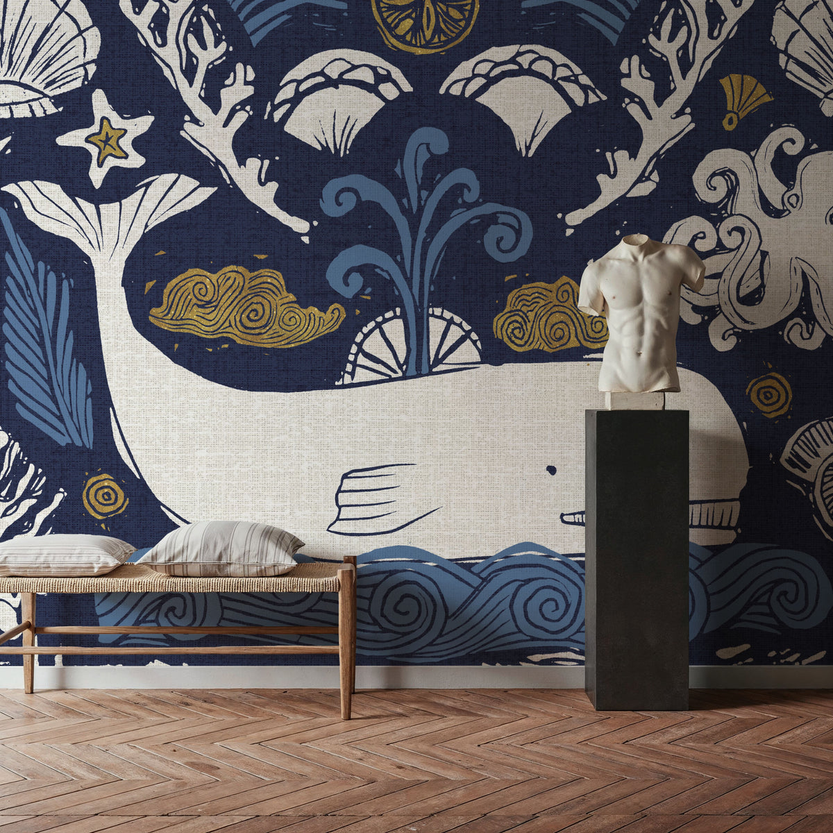 Whale Seas Blue Mural Wallpaper - room preview 05