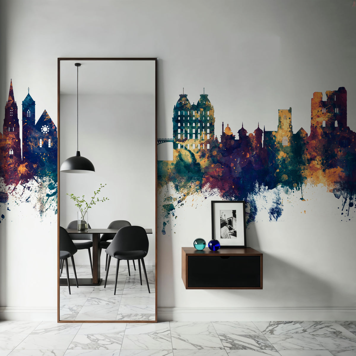 Scarborough England Skyline Blue & Bronze Mural Wallpaper - room preview 05