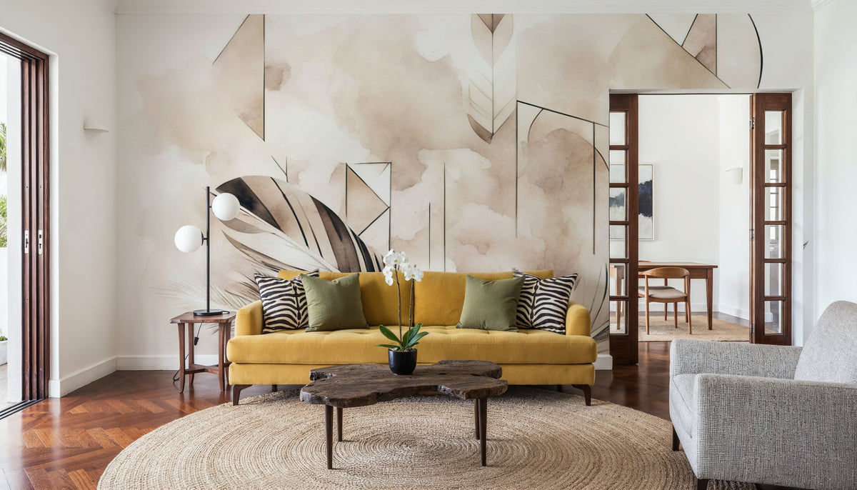 Feather Geometry Yellow Mural Wallpaper - room preview 05
