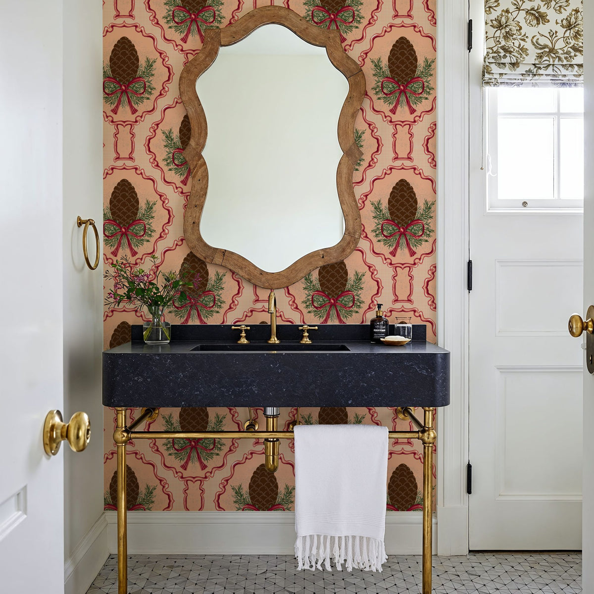 Pine Cone & Ornate Rackets, Peach Mural Wallpaper - room preview 05