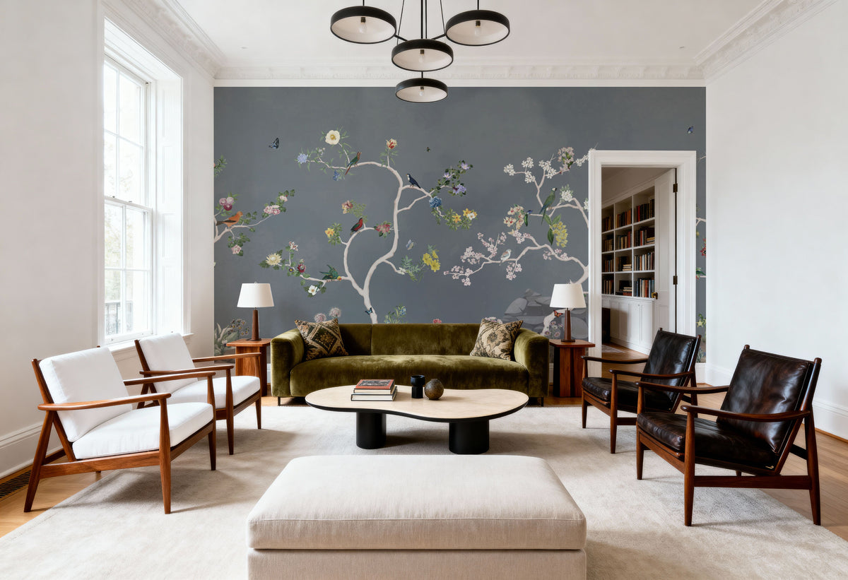 Birds in the Garden Dark Blue Mural Wallpaper - room preview 05