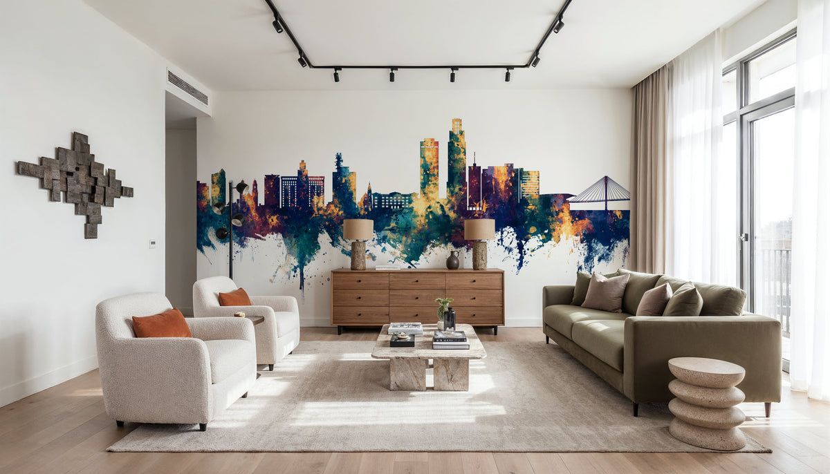 Omaha Nebraska Skyline Blue & Bronze Mural Wallpaper - room preview 05