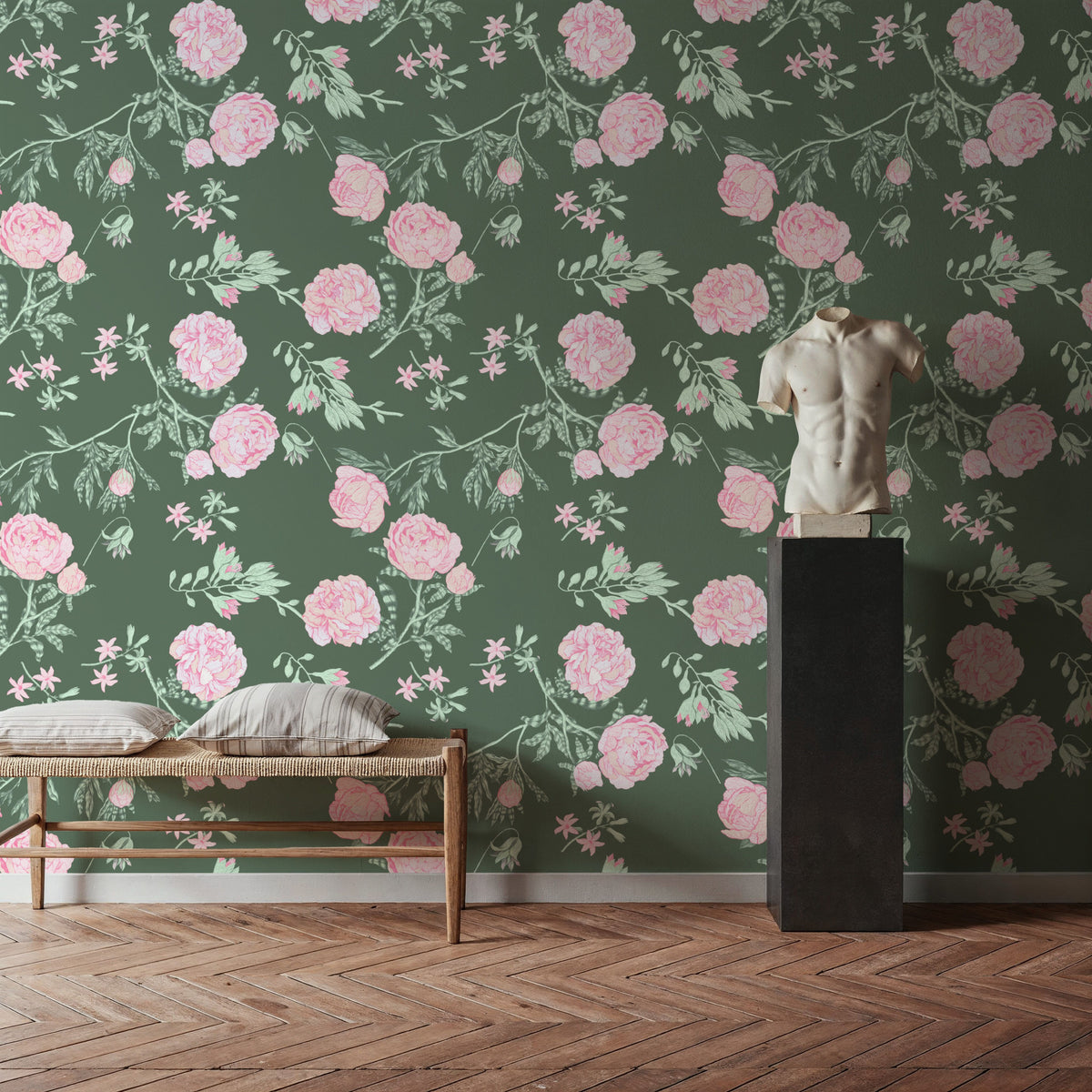 Peony Passion, Green Mural Wallpaper - room preview 05