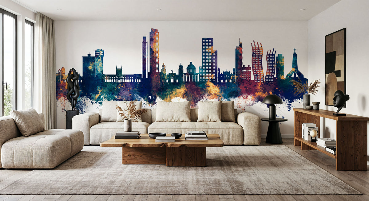 Asunción Paraguay Skyline Blue & Bronze Mural Wallpaper - room preview 05