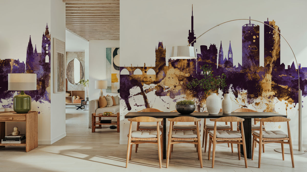 Prague (Praha) Czech Reublic Skyline Purple & Gold Mural Wallpaper - room preview 05
