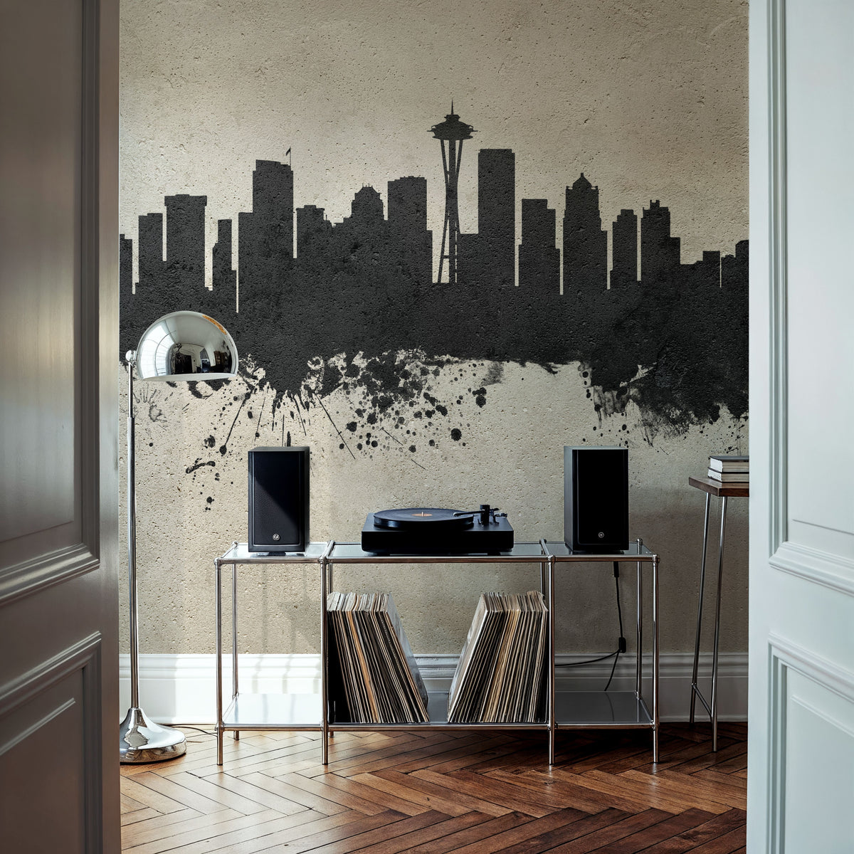 Seattle Skyline Concrete Mural Wallpaper - room preview 05