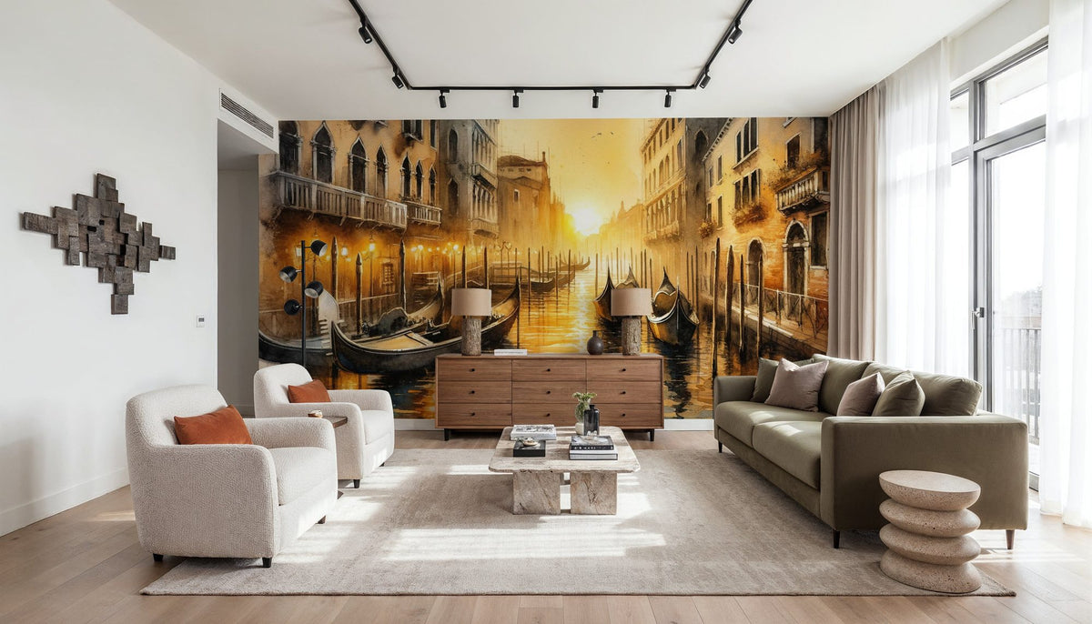 Sunset Over Venetian Canals with Gondolas Mural Wallpaper - room preview 05