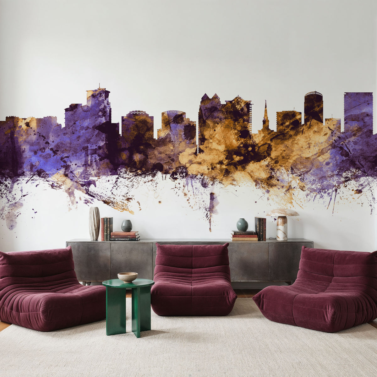 Orlando Florida Skyline Purple & Gold Mural Wallpaper - room preview 05