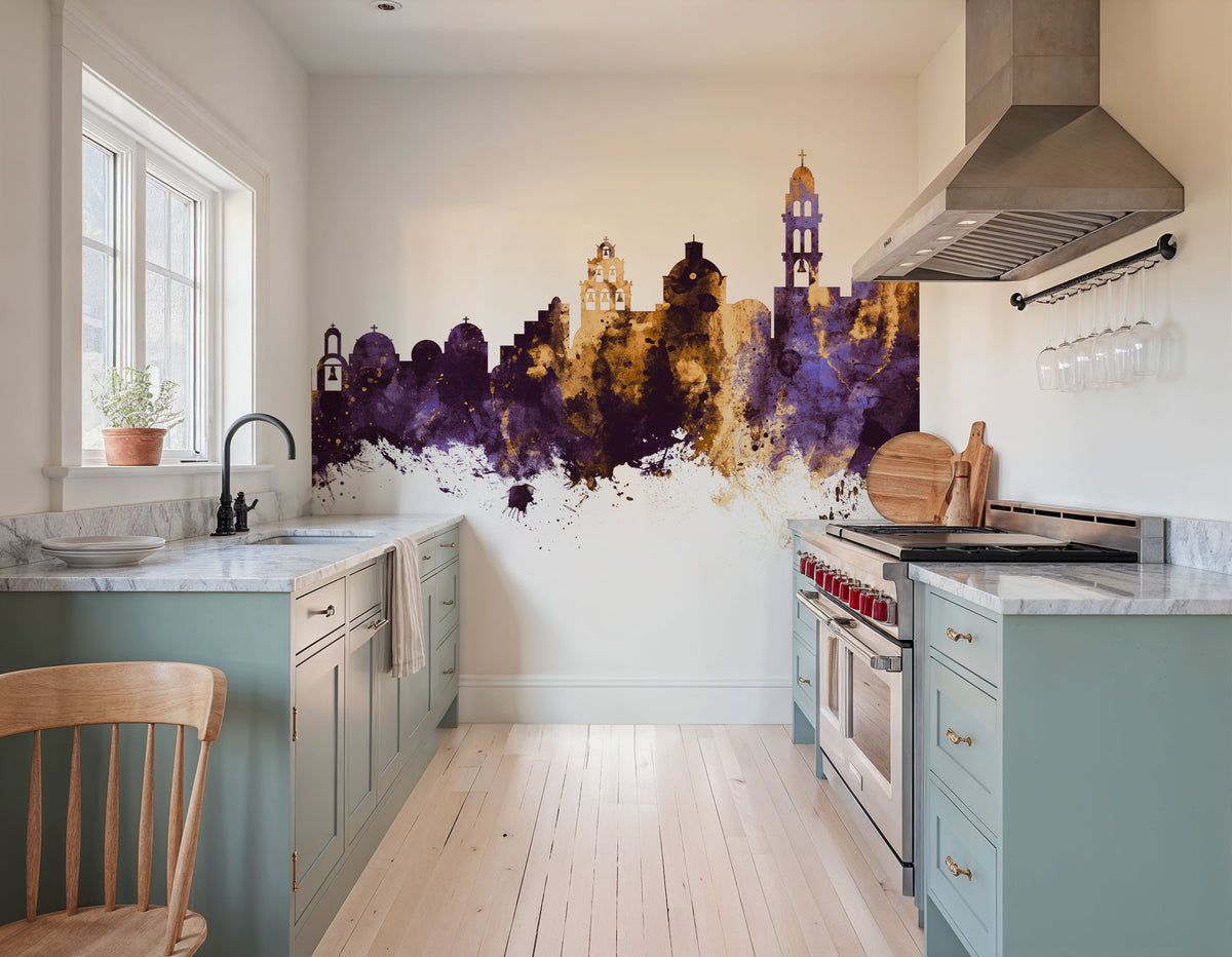 Santorini Skyline Purple & Gold Mural Wallpaper - room preview 05