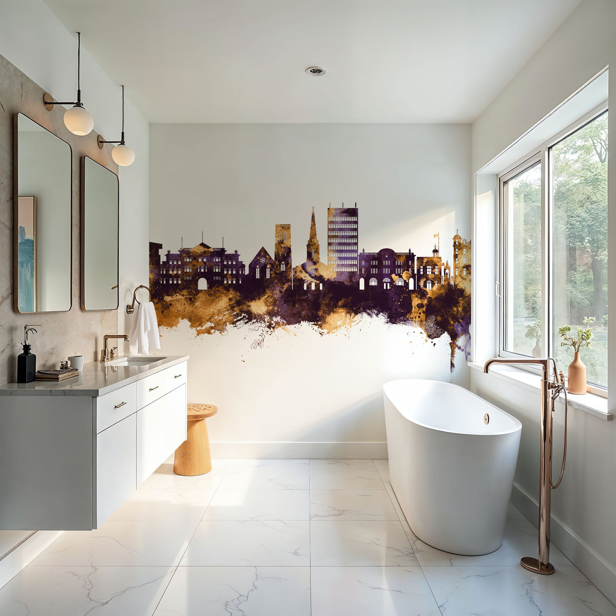 Maidstone England Skyline Purple & Gold Mural Wallpaper - room preview 05