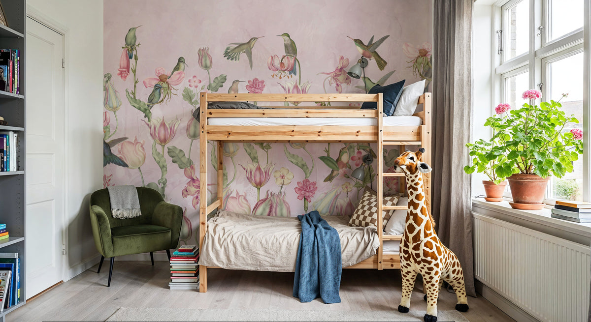 Tulips & Birds, Soft Pink Mural Wallpaper - room preview 05
