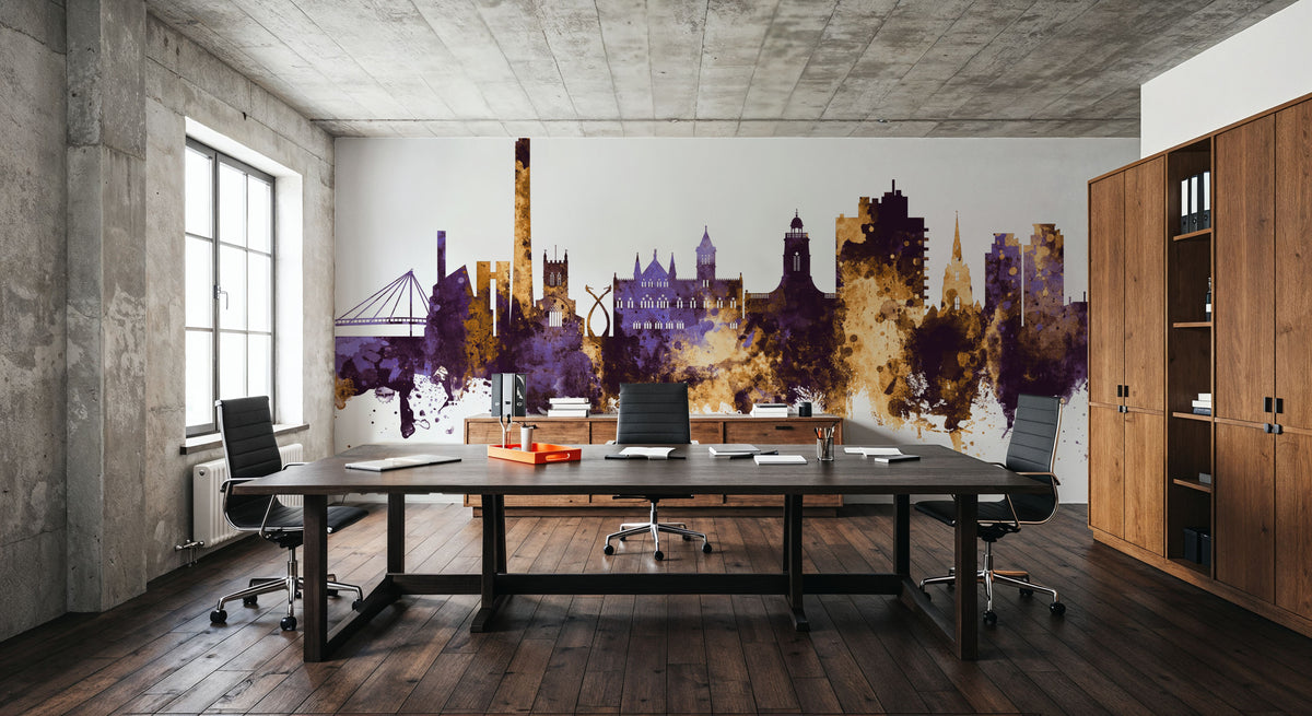 Northampton England Skyline Purple & Gold Mural Wallpaper - room preview 05