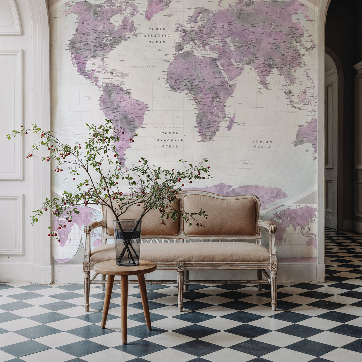 World Map Atlas Purple Mural Wallpaper - room preview 05