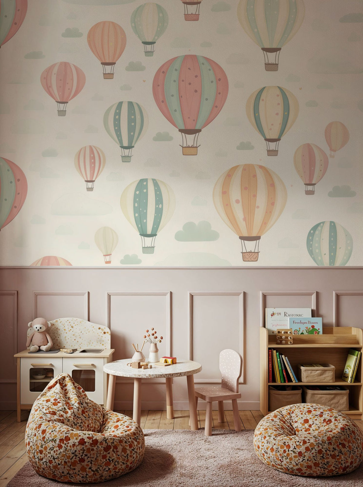 Hot Air Balloon Cloudy White Mural Wallpaper - room preview 05