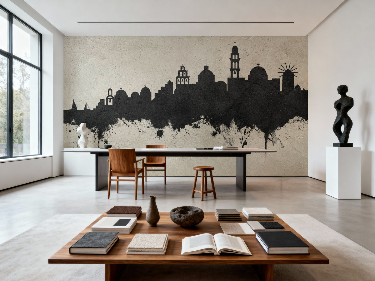 Santorini Skyline Concrete Mural Wallpaper - room preview 05