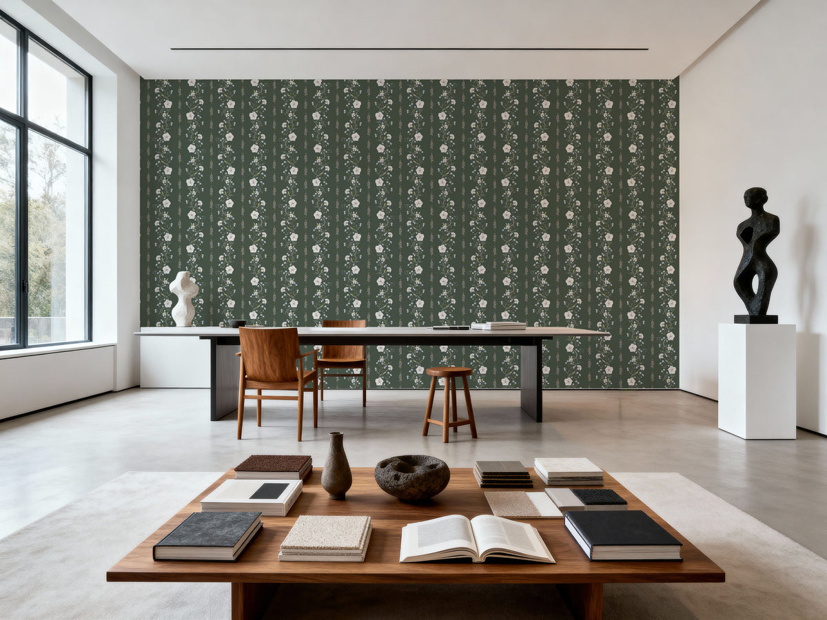 Trailing Flower Stripe, Soft Green Mural Wallpaper - room preview 05