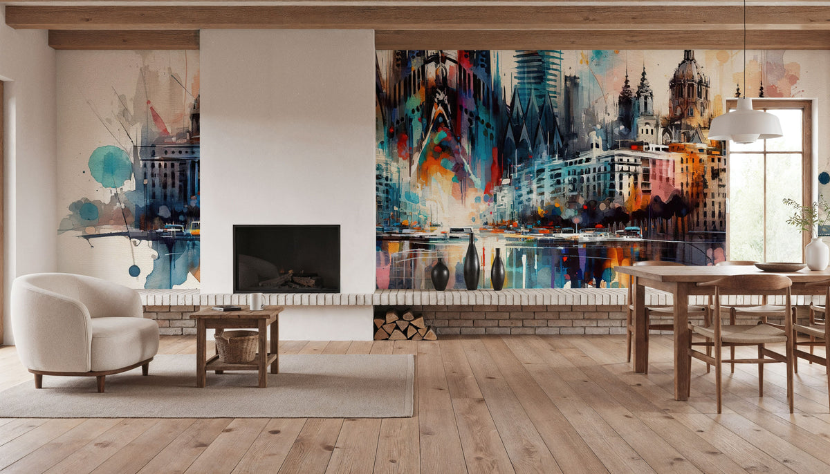 Watercolor Skyline Barcelona I Mural Wallpaper - room preview 05