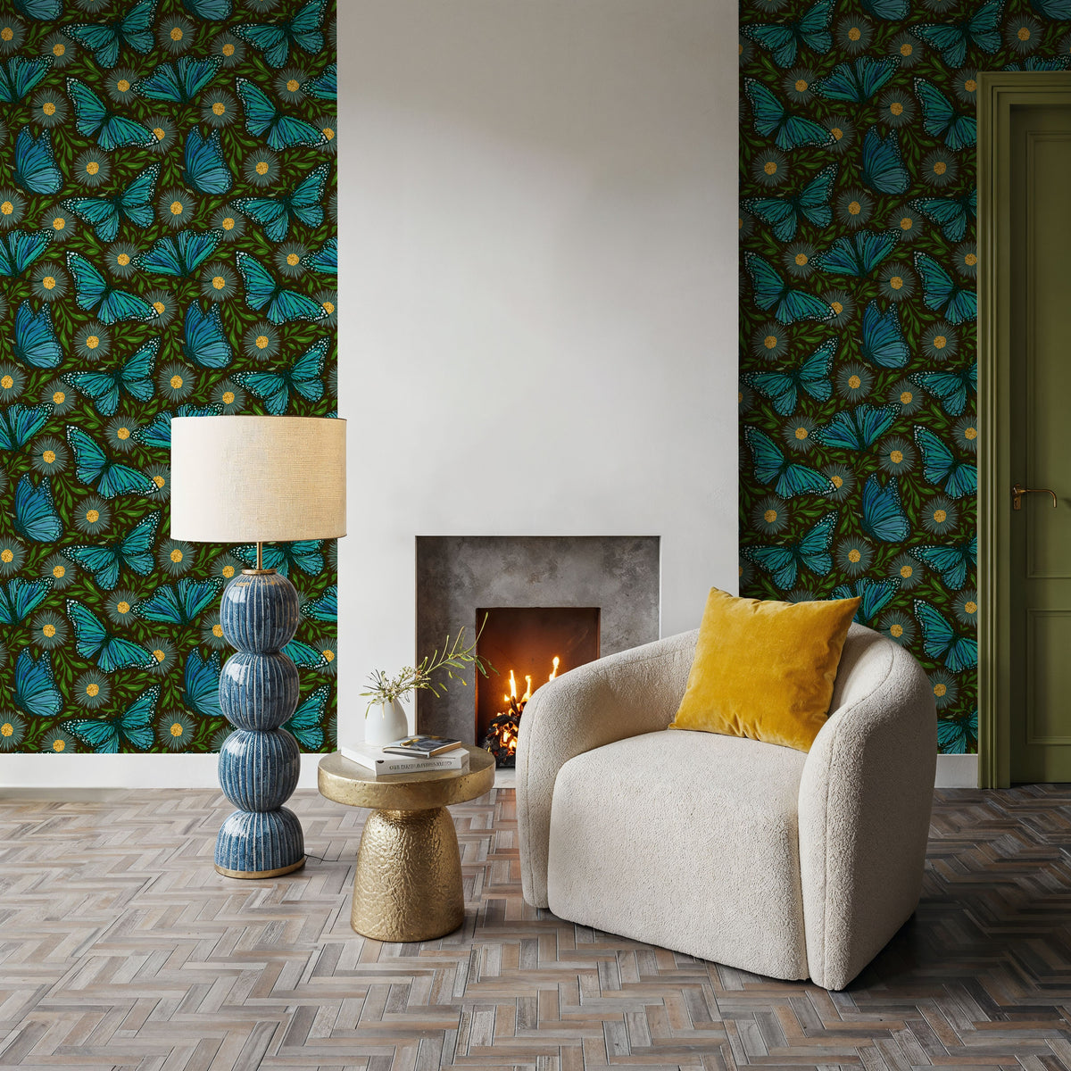 Papillion II, Aqua on Mud Mural Wallpaper - room preview 05