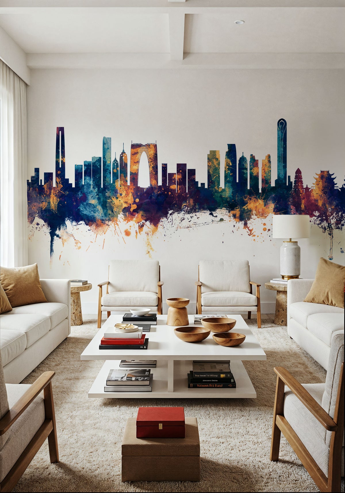 Suzhou China Skyline Blue & Bronze Mural Wallpaper - room preview 05