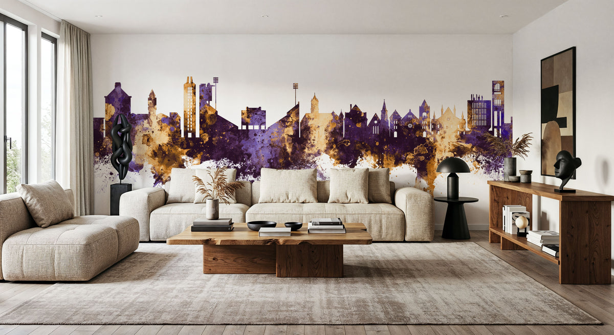 Lawrence Kansas Skyline Purple & Gold Mural Wallpaper - room preview 05