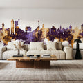 Lawrence Kansas Skyline Purple & Gold Mural Wallpaper - room preview 05