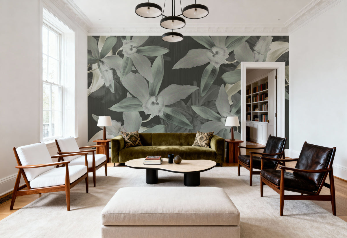 Big Orchids Green Mural Wallpaper - room preview 05