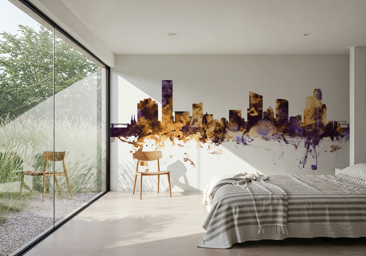 Grand Rapids Michigan Skyline Purple & Gold Mural Wallpaper - room preview 05