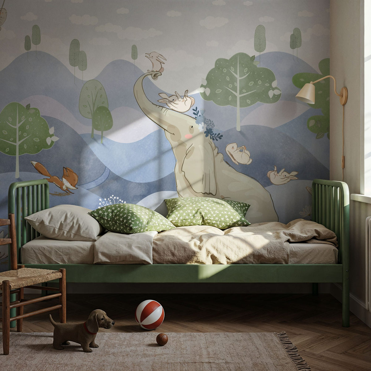 Dwellpaper Bunny Friends, Blue Mural Wallpaper image 5