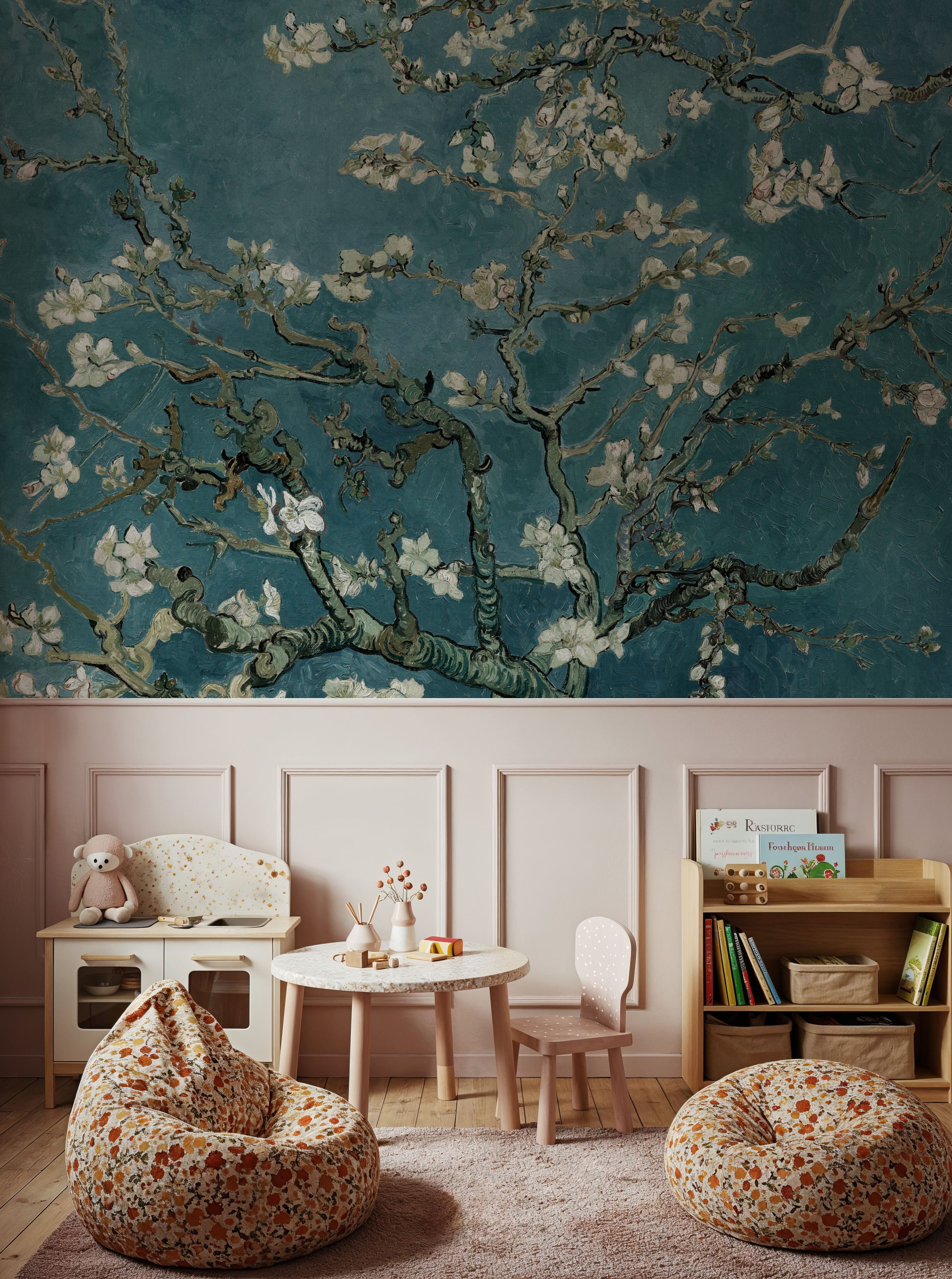 Almond Blossom, Teal Breeze Mural Wallpaper