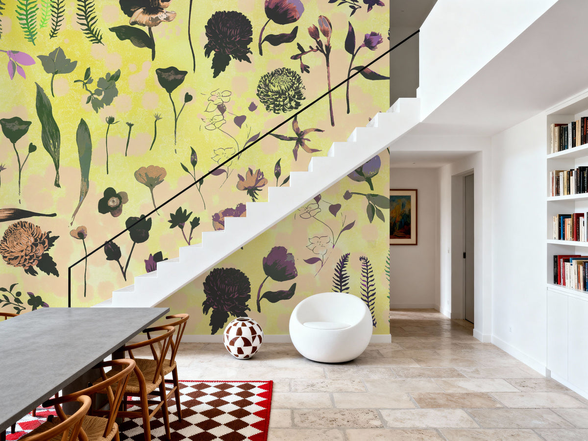 Floral Dream, Butter Yellow Mural Wallpaper - room preview 05