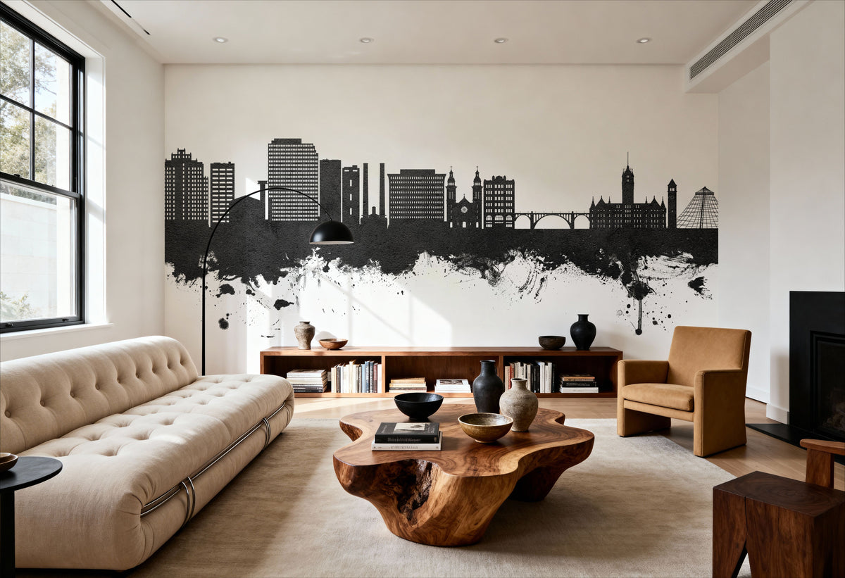 Spokane Washington Skyline Black & White Mural Wallpaper - room preview 05