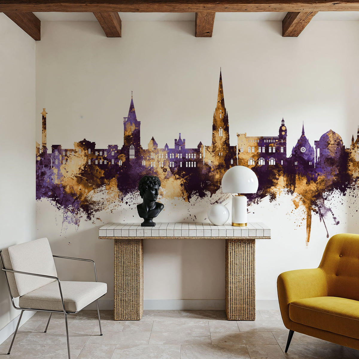 Perth Scotland Skyline Purple & Gold Mural Wallpaper - room preview 05