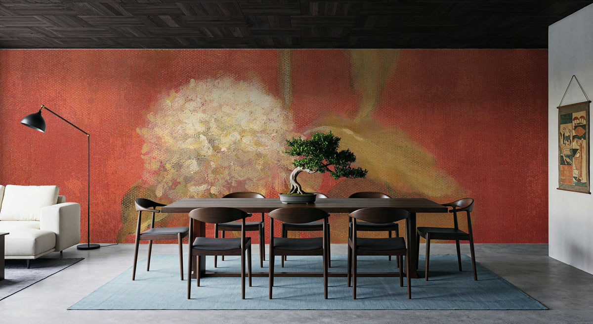 White Hydrangea on Red Mural Wallpaper - room preview 05