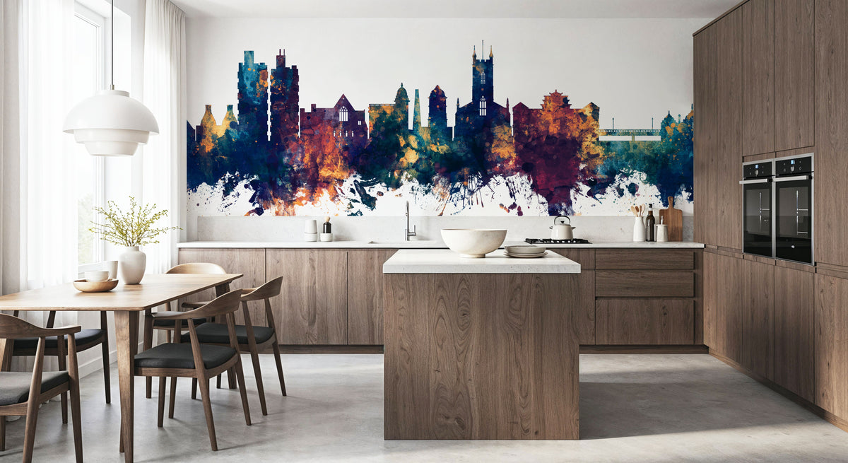 Stoke-on-Trent Skyline Blue & Bronze Mural Wallpaper - room preview 05
