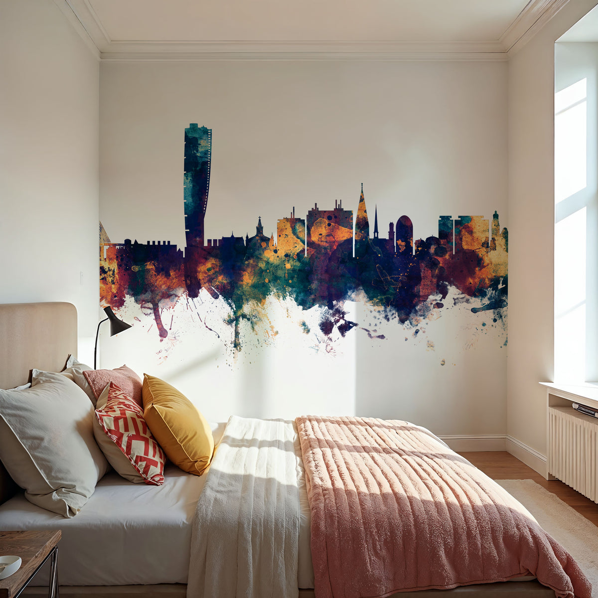 Malmö Sweden Skyline Blue & Bronze Mural Wallpaper - room preview 05