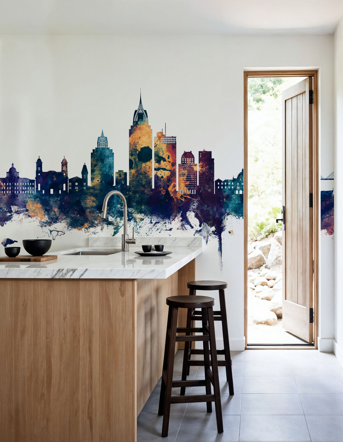 Mobile Alabama Skyline Blue & Bronze Mural Wallpaper - room preview 05