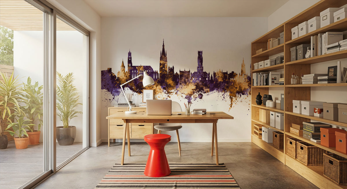 Bruges Belgium Skyline Purple & Gold Mural Wallpaper - room preview 05