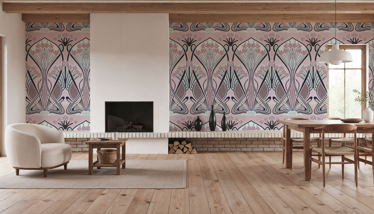 Floral Art Deco Aura, Petal Pink Mural Wallpaper - room preview 05