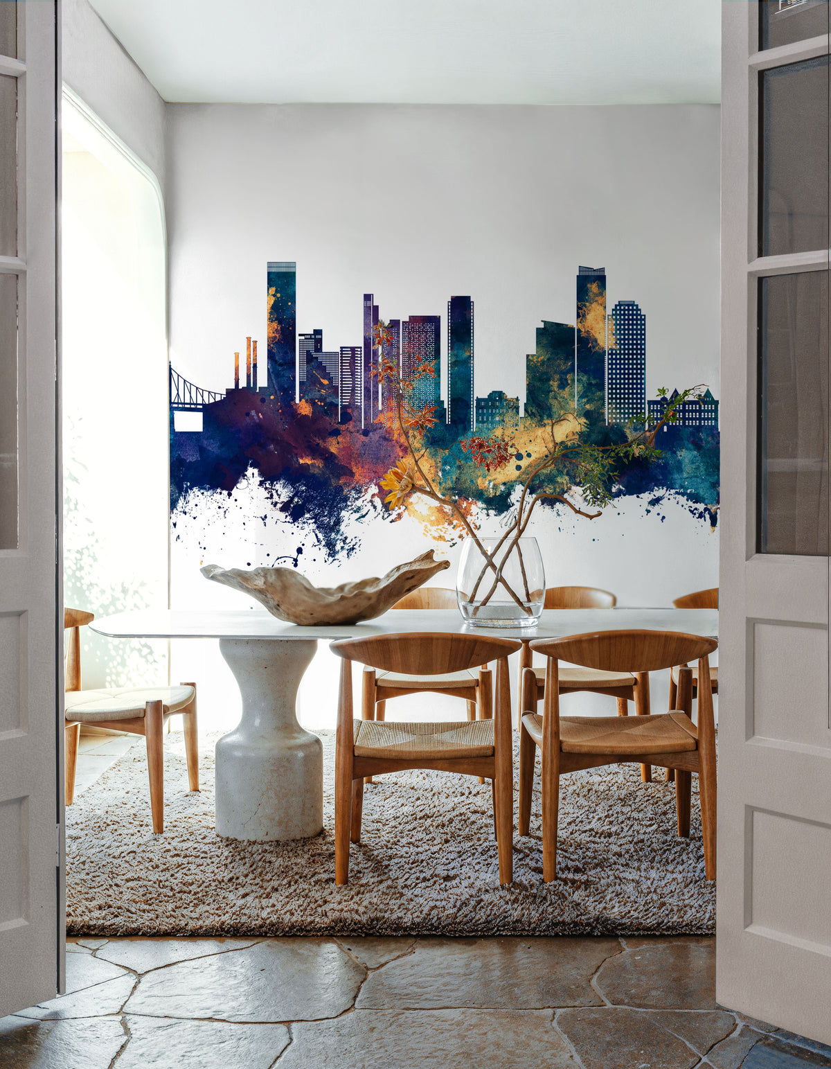 Queens New York Skyline Blue & Bronze Mural Wallpaper - room preview 05