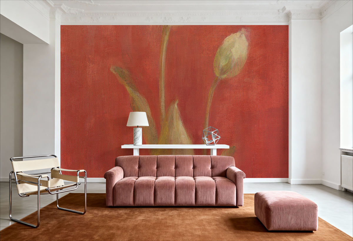 White Tulips on Red Mural Wallpaper - room preview 05