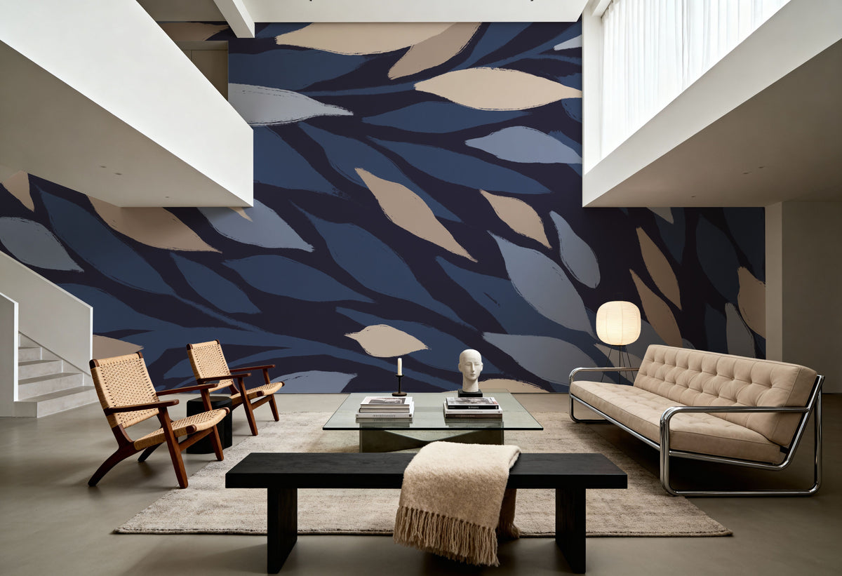 Leafy Lines Dark Plain Mural Wallpaper - room preview 05