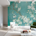White Cherry Blossoms II on Blue Aged No Bird Mural Wallpaper - room preview 05