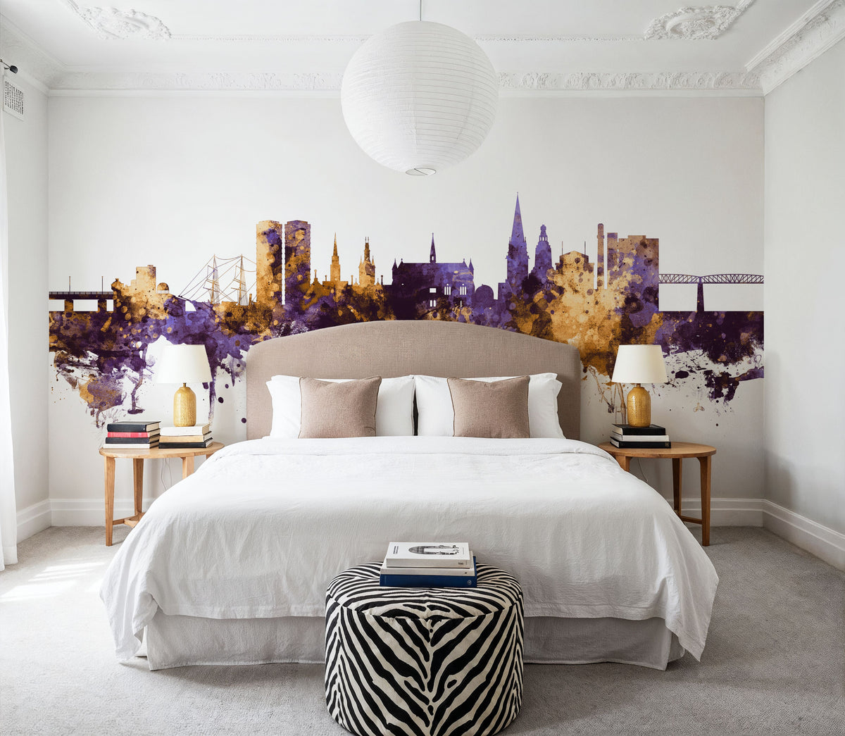 Dundee Scotland Skyline Purple & Gold Mural Wallpaper - room preview 05